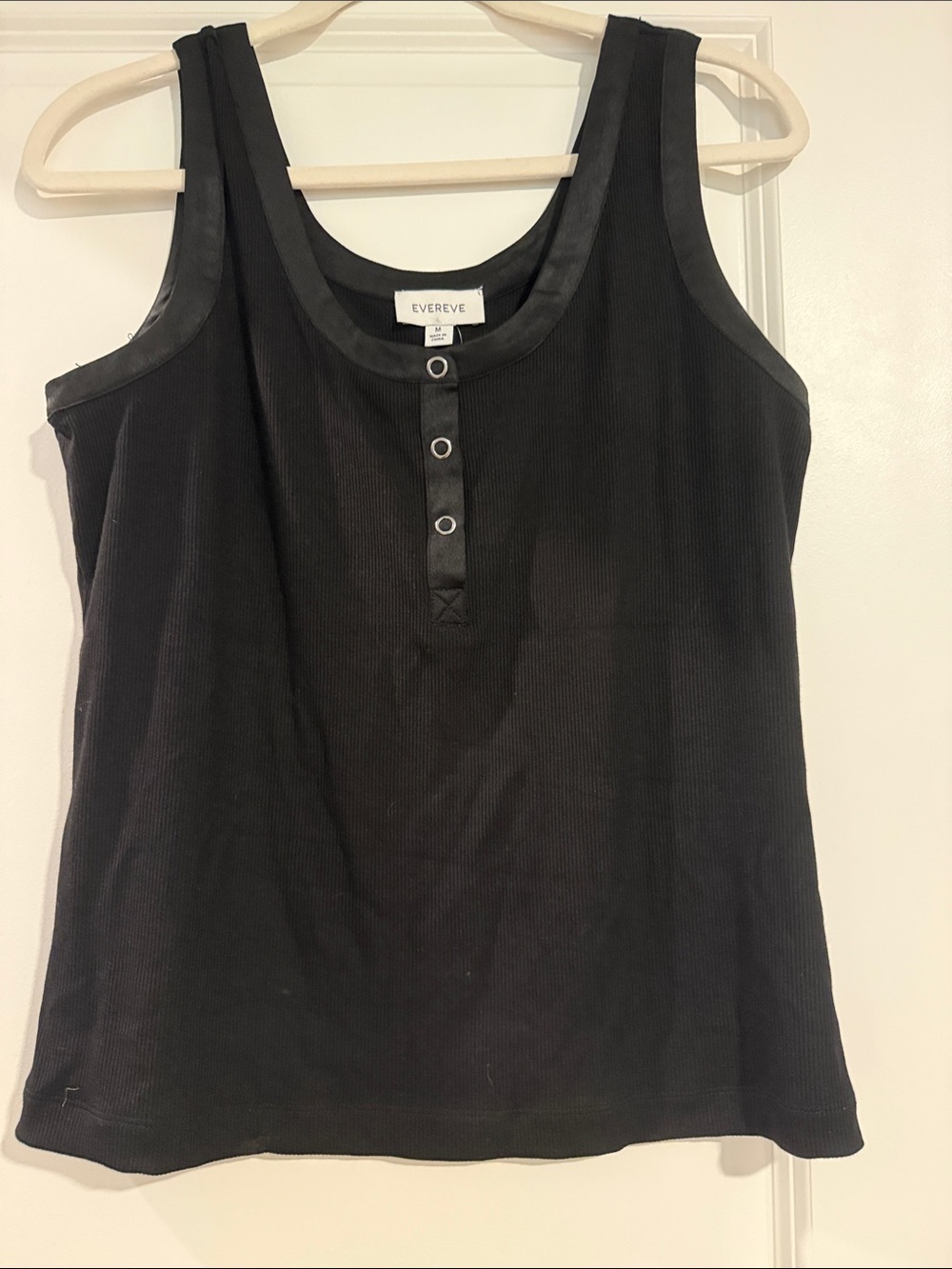 Evereve Black Ribbed Tank with Faux-Leather Trim and Snap Placket